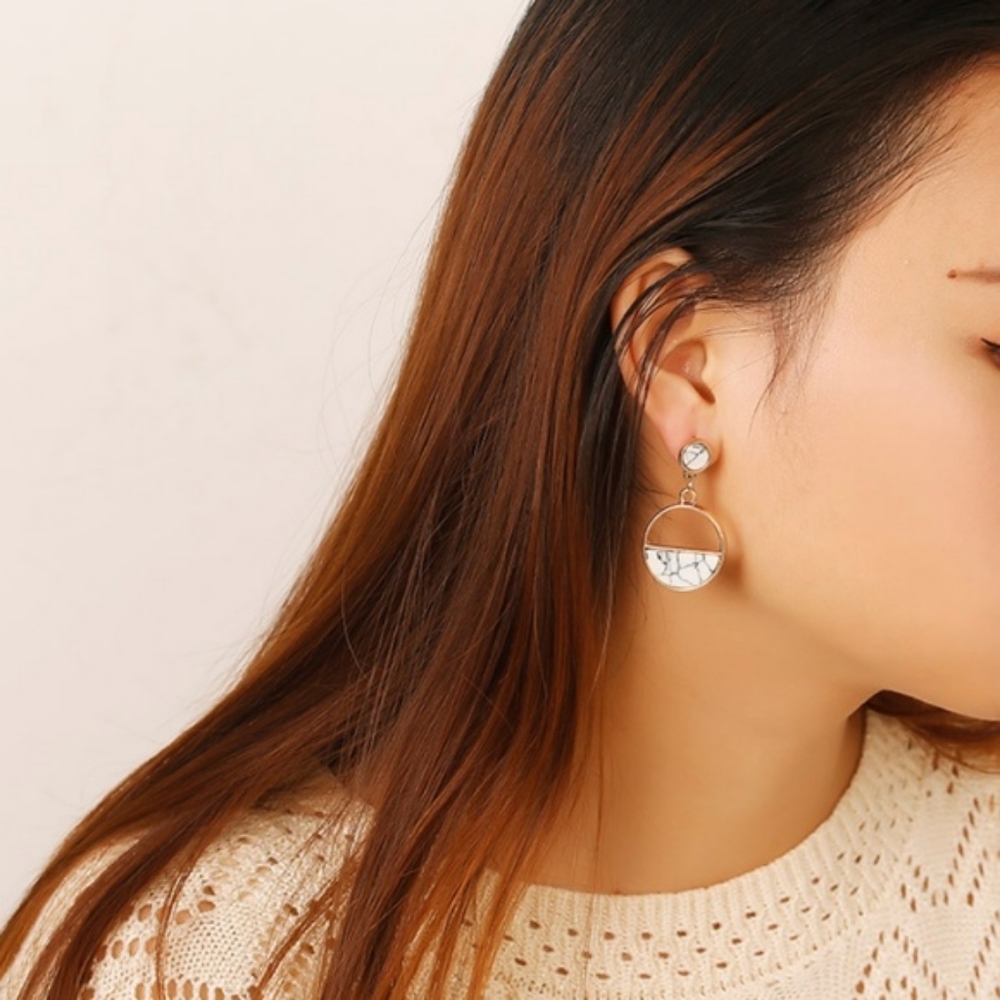 Golden White Marble Dangle Long Earrings Gold